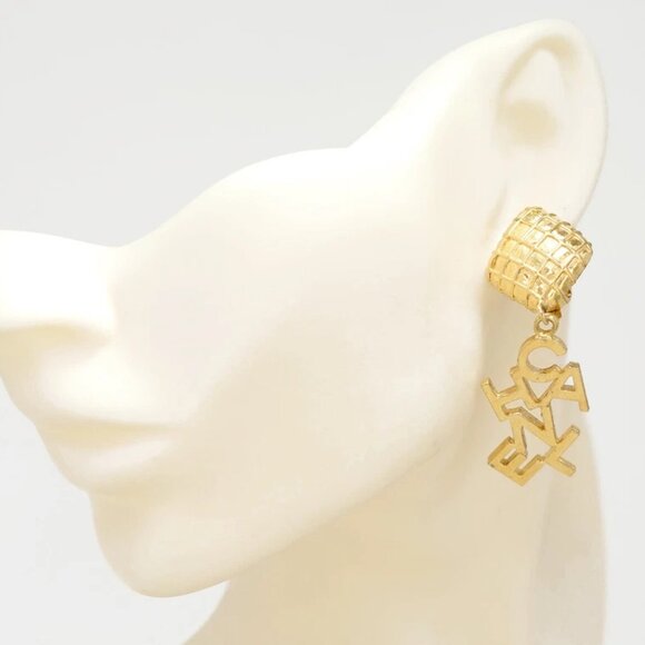 CHANEL Logos Quilted Drop Dangle Earrings Gold Tone Auth w/Box #22400 - Picture 2 of 6